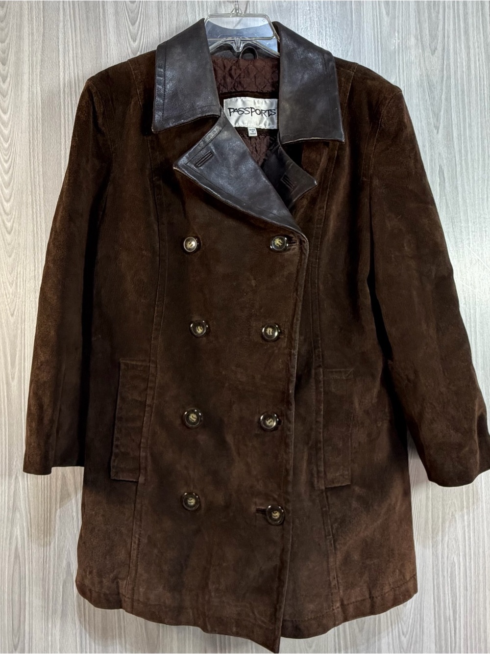 Vintage Brown Suede Leather Collar Double Breasted Mid Trench Coat Sz L Classic